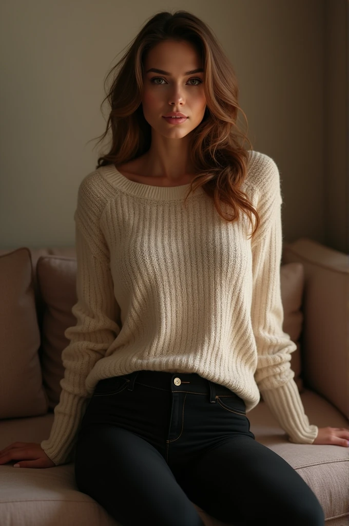 Beautiful young woman with brown hair from the front cinematic hyperrealistic beautiful pretty neckline casual wear girl, Waist length hair, eyes the color of honey, beige sweater, Shorts,nice neckline