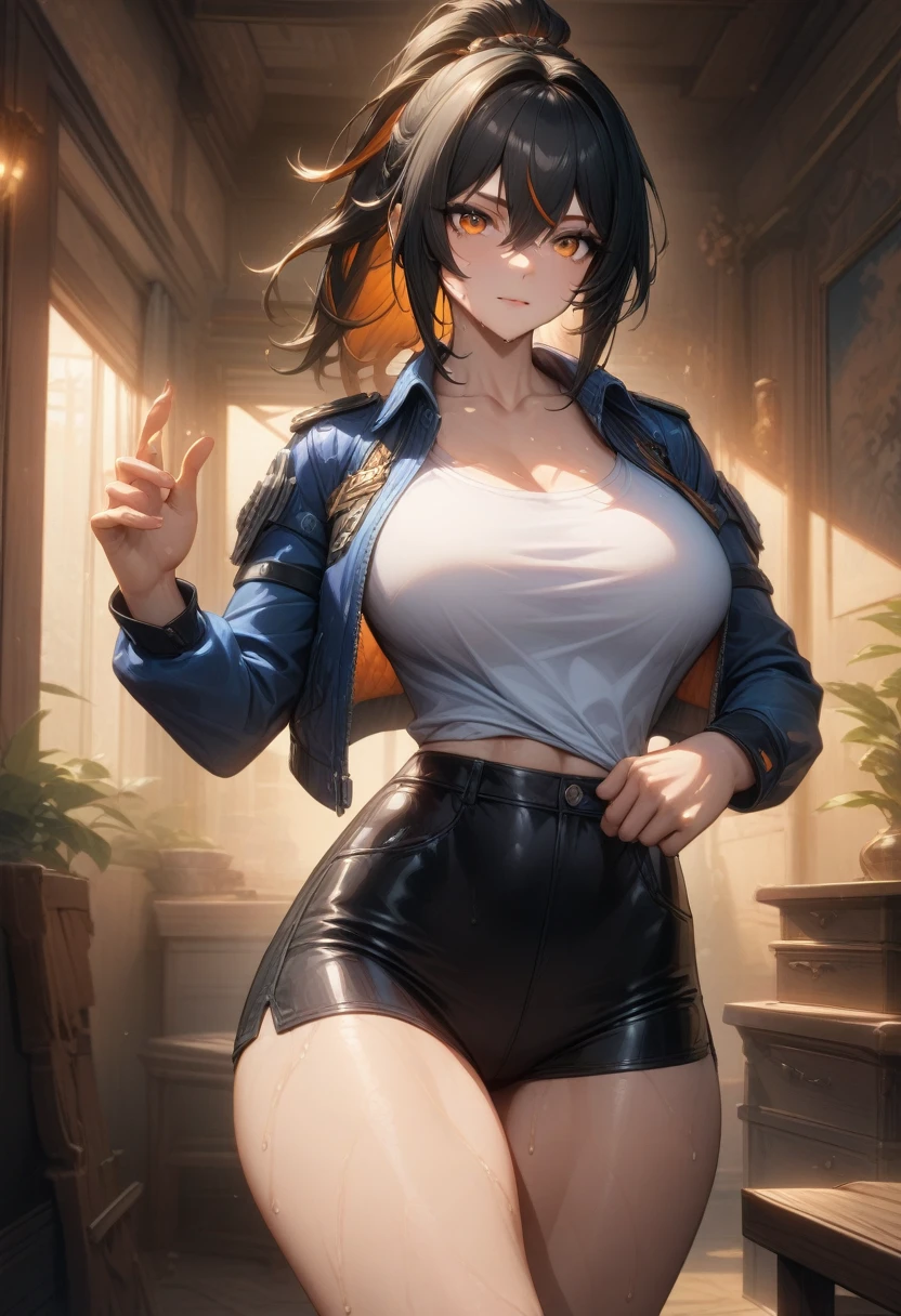 masterpiece,best quality,high resolution,8k,ultra HD,wallpaper,illustration,perfect face,cowboy shot,beautiful detailed eyes,extremely detailed face,perfect lighting,extremely detailed CG,perfect anatomy,perfect body,perfect hands,perfect fingers,1woman,full body,,muscle fighter body,black long ponytail hair with orange mesh line hair,orange eyes,large breasts,Medium ass,,(blue open police jacket inner white shirt),black short hot pants,clothed,,collarbone,,looking at viewer,(),Steam,sweat, home,(Zenless Zone Zero character Zhu Yuan),adult