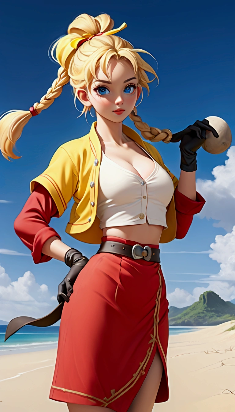 score_9, score_8_up score_7_up, (leg focus), (viewed from slightly below:1.27), ((mature face)), blue eyes, warm smile, 20 years old, yellow hair in a high braided ponytail, (small bust:1.42), navel, standing on white sand beach, fitted jacket 3/4 cropped (red), ((nude torso under jacket)) , form fitting micro skirt (red), ((skirt is partially open)), (yellow pubic hair peeks out of her skirt:1.37), (wearing loose leather boots), (wearing ankle wraps), detailed face, detailed eyes, detailed lips, highly detailed hands, 8k, UHD, cinematic lighting, vivid colors, dramatic shadows, masterpiece, award winning art, (full length portrait:1.37), (wide angle:1.37), (kdecc, ponytail, ((facial mark)), necklace, red vest, midriff, red skirt, gloves), vaginal tugging 