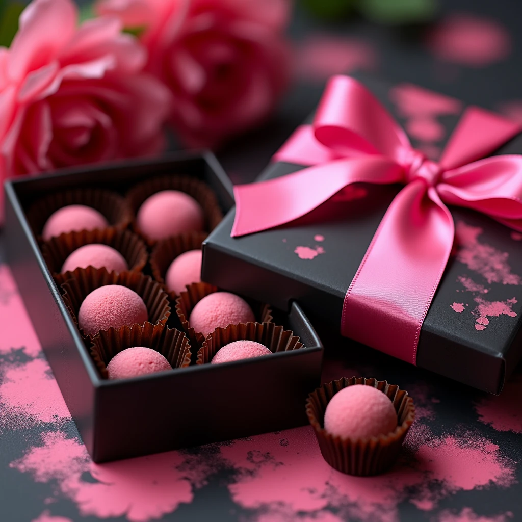 a close up of a box of chocolates with a ribbon, there is a box of chocolates sitting on a table with flowers, covered with pink marzipan. chocolate, chocolate packaging, packshot, licorice allsort filling, award winning dark, neon pink and black color scheme, award winning seductive, femme, The background is watercolor feminine art, gorgeous, irresistible, official product photo, elite, pink and black, yummy, hot pink and black, 🎀  🍓 🧚, thumbnail, ❤