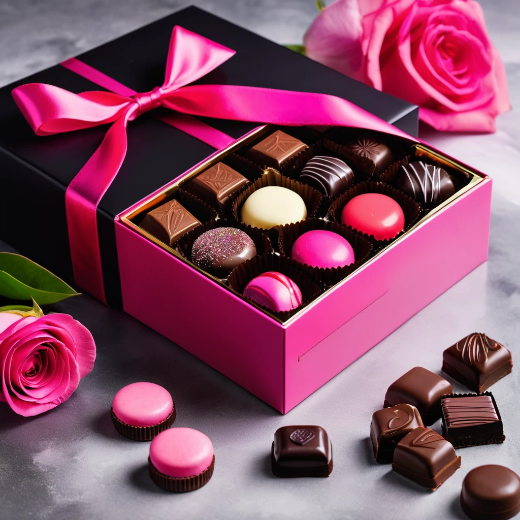 a close up of a box of chocolates with a ribbon, there is a box of chocolates sitting on a table with flowers, covered with pink marzipan. chocolate, chocolate packaging, packshot, licorice allsort filling, award winning dark, neon pink and black color scheme, award winning seductive, femme, The background is watercolor feminine art, gorgeous, irresistible, official product photo, elite, pink and black, yummy, hot pink and black, 🎀  🍓 🧚, thumbnail, ❤