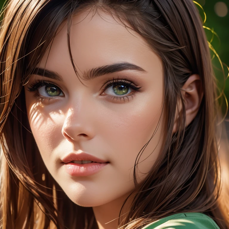 beautiful detailed eyes, beautiful detailed lips, extremely detailed eyes and face, long eyelashes, 1girl, 23 years old, brown hair, dark eyes, light skin, green shirt, brown shorts, realistic, photorealistic, photo-realistic:1.37, best quality, 4k, 8k, highres, masterpiece:1.2, ultra-detailed, studio lighting, ultra-fine painting, sharp focus, physically-based rendering, extreme detail description, professional, vivid colors, bokeh,on stairs,