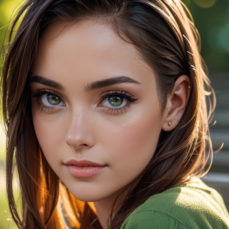 beautiful detailed eyes, beautiful detailed lips, extremely detailed eyes and face, long eyelashes, 1girl, 23 years old, brown hair, dark eyes, light skin, green shirt, brown shorts, realistic, photorealistic, photo-realistic:1.37, best quality, 4k, 8k, highres, masterpiece:1.2, ultra-detailed, studio lighting, ultra-fine painting, sharp focus, physically-based rendering, extreme detail description, professional, vivid colors, bokeh,on stairs,