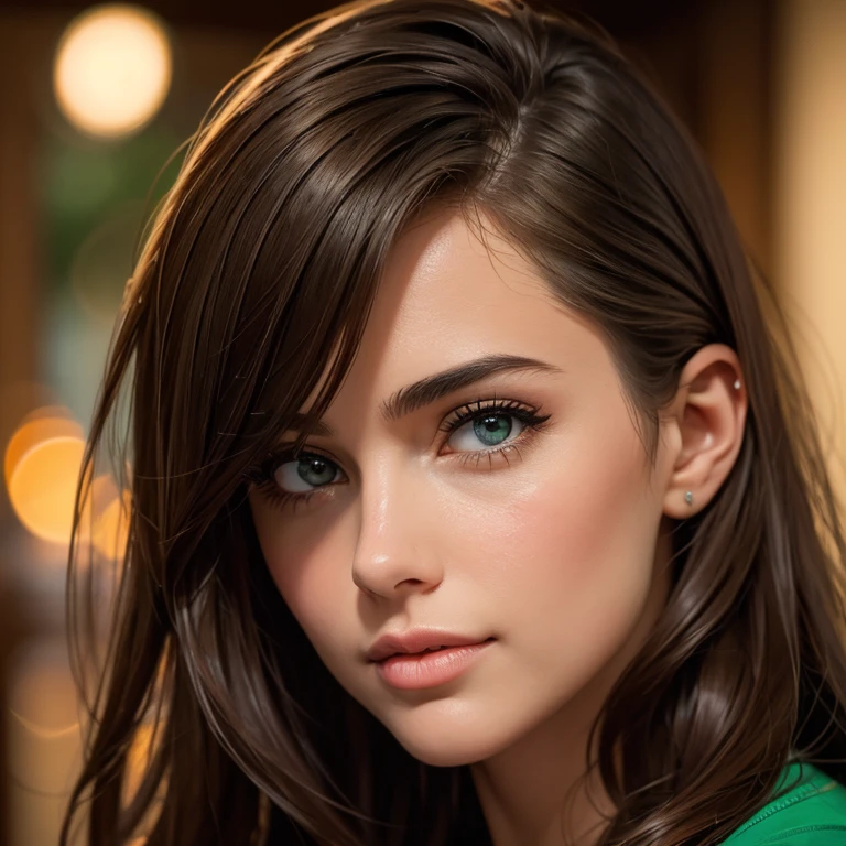 beautiful detailed eyes, beautiful detailed lips, extremely detailed eyes and face, long eyelashes, 1girl, 23 years old, brown hair, dark eyes, light skin, green shirt, brown shorts, realistic, photorealistic, photo-realistic:1.37, best quality, 4k, 8k, highres, masterpiece:1.2, ultra-detailed, studio lighting, ultra-fine painting, sharp focus, physically-based rendering, extreme detail description, professional, vivid colors, bokeh,on stairs,