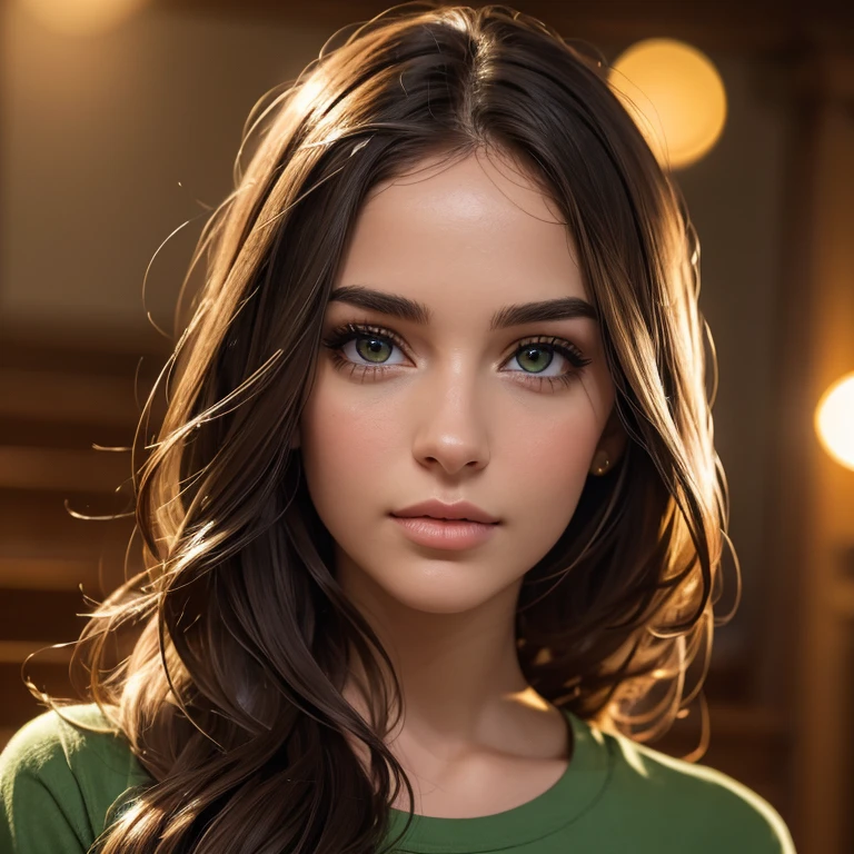 beautiful detailed eyes, beautiful detailed lips, extremely detailed eyes and face, long eyelashes, 1girl, 23 years old, brown hair, dark eyes, light skin, green shirt, brown shorts, realistic, photorealistic, photo-realistic:1.37, best quality, 4k, 8k, highres, masterpiece:1.2, ultra-detailed, studio lighting, ultra-fine painting, sharp focus, physically-based rendering, extreme detail description, professional, vivid colors, bokeh,on stairs,