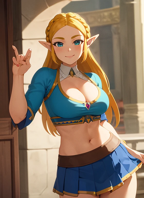 zelda\(princess\), 1girl, solo, large breasts, cleavage, seductive smile, pose, tied shirt, skirt, schoolgirl uniform, bare arms, skinny, young teen, , blonde hair, bare stomach