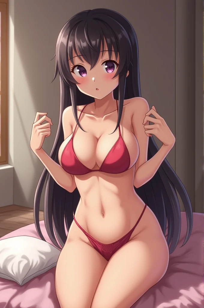 best quality, highres,Slender、small face、brown eyes、tall、black hair、crawl on all fours、long hair、Hotel、big breasts、naked、not wearing anything、22 years old、Mature