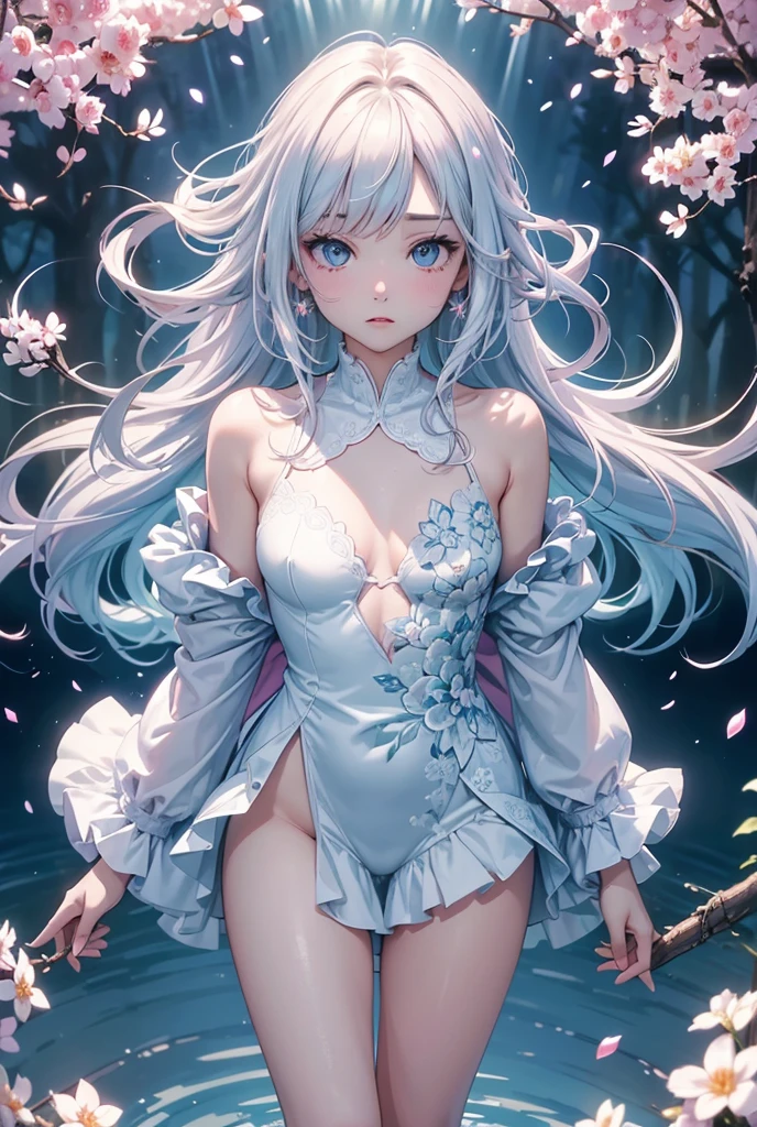 best quality:1.5), (ultra-detailed:1.5), (()), ((best quality)), (high resolution), (illustration), (an extremely delicate and beautiful), (ultra detailed beautiful face and eyes), 1girl, leaning forward sharp focus, ray tracing, 1girl, silky hair, multicolored hair, Whitehair(innercolorCherryblossom )background(sakura tree, day light), eye color(White pink, high definition,)inner eye (sakura),volumetric lightning, super_long_hair、have a weapon(katana)、naked looking_all(score_9:1.2), (score_8_up:1.2), (score_7_up:1.2),solo,Perfect anatomy,(one cute girl:1.3),(Line art:1.3),(Soft atmosphere:1.3),perfect anatomy,(A soft anime-style image capturing a delicate and ephemeral atmosphere),Enhance the anime screencap by adding a watercolor background, further elevating the dreamy and ethereal aesthetic. This scene, now rendered in 16k wallpaper resolution, merges the delicate beauty of the girl with pale skin and natural hair with a soft, lush watercolor landscape.The natural big breast  ,super intricately designed transparent super Micro bikini and her captivating eyes are set against a backdrop that mimics the fluid, blending colors of a watercolor painting, adding a layer of artistic depth and emotion. The perspective from above at a dutch angle, combined with the watercolor effect, creates a composition that feels like a floating, dream-like world, glowing aura around her are now part of a canvas that blends reality with imagination, inviting the viewer to step into a tranquil world of soft hues and poetic beauty, all encapsulated within a serene, BREAK,(best quality:1.3),(best masterpiece:1.3),(very aesthetic:1.2),(absurdres:1.2),newest,(intricate details:1.2),ai-generated,absurdres extremely detailed CG,depth of field,dynamic angle,dynamic pose、groin、
muscular female, fit, abs, leg muscles, arm muscle、