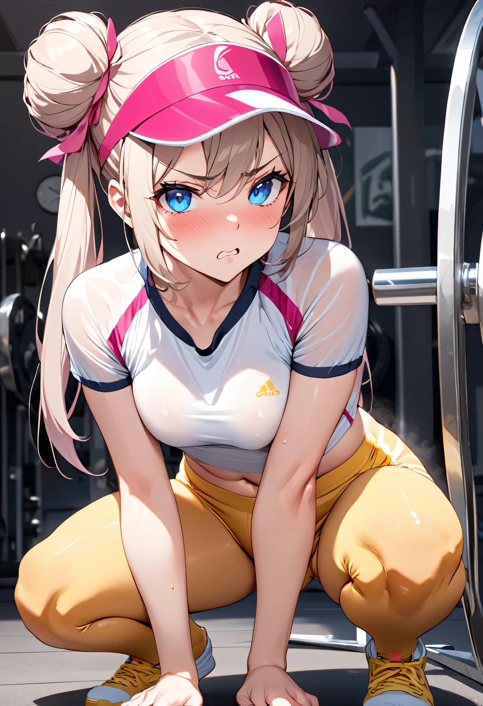  nsfw, nsfw, nsfw, angry, see throw under wear, masterpiece, highest quality, High resolution, RO1, Hair Bun, blue eyes, Twin tails, Visor Cap, pantyhose, Raglan sleeves, Yellow shorts, shirt, Pink ribbon, clock, Leaning forward, Gym, squat, 30 denier soft touch comfortable tights, See-through, squat, Leg spread, Thighs, Attractive thighs,