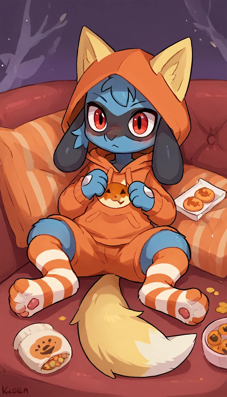 score 9 up, score 8 up, score 7 up, source_furry, rating_safe, (correct anatomy:1.1), solo, (toddler:1.2), full body, visible feet, three-toed feet, Riolu (pokemon), red eyes, (blue fur), fox ears, Fox, snout, The Q version of the cute furry fox, (spreading legs:1.2), (big and juicy thighs:1.2), blushed, sexy Halloween themed clothing, hoodie, paws, beans, on a sofa in a back room, (wearing striped socks:1.3), (boyKisser mem:1.3), tempting the viewer, (long disheveled hair:1.3), (so fluffy:1.3)