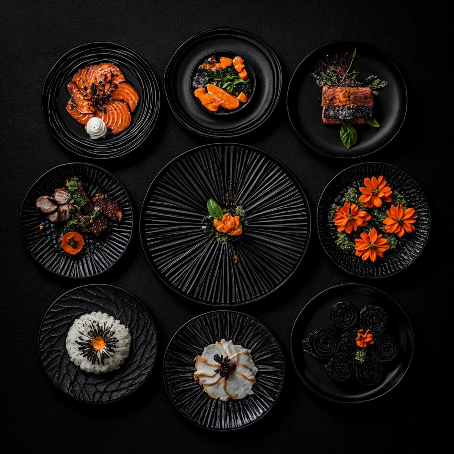 top view of 8 plates on plack stone with stylish miniml food styling, plates are place in circle formation, realistic, Food photography in studio.