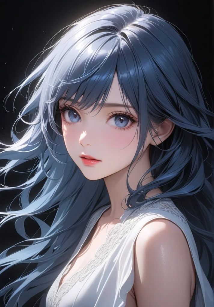 1girl, detailed beautiful eyes, detailed beautiful lips, blue hair, black background, (best quality,4k,8k,highres,masterpiece:1.2),ultra-detailed,(realistic,photorealistic,photo-realistic:1.37),cinematic lighting,dramatic lighting,dark moody lighting,deep blue and black color palette,elegant,intricate details,flowing hair,glowing skin,ethereal,atmospheric,fantasy,magical realism