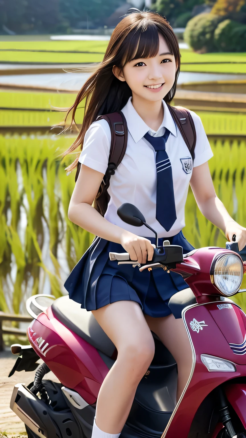 (masterpiece:1.2), Japanese, (two slender schoolgirls), (sunshine), smiling, (Japanese), the Extremely Detailed CG Unity 8K Wallpapers, top-quality, ultra-detailliert, masterpiece, realisitic、Photo Real, extremely detailed cute girl, 18 year old, (portrait), 400mm lens, (Blurred background), (masterpiece:1.2), ((Japanese country landscape)), ((rice fields)), ((autumn)), (((school uniform))), ((riding on a scooter)), (((upper body))), 