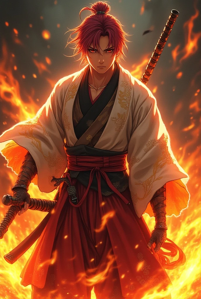 Japanese anime from Rurouni Kenshin Kenshin Himura A man with long red hair tied in a low ponytail Cool man Samurai Cross scar on left cheek Rurouni Kenshin anime Sword on waist Sharp eyes Handsome yet kind Battousai Red hakama Kenshin anime art anime anime style Full body Perfect reproduction Detailed art Accurate pose Well-defined eyes Nose line Perfect face Cool guy Handsome Slender man Perfect face Natural anime face background Burning Castle Kyoto Arc from Rurouni Kenshin