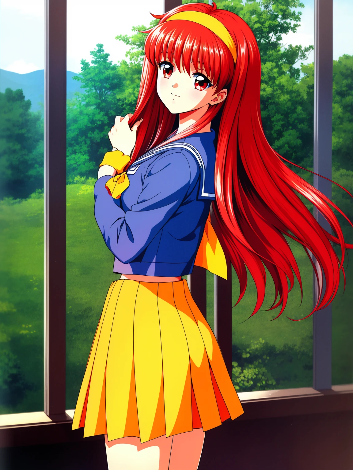 FujisakiShiori,  1 girl, Alone, Red Hair, Long Hair, Hairbands, Red eyes, Yellow Bow,  school uniform , skirt,プリーツskirt,Serafuku,青いskirt, Long sleeve, big_chest,  cowboy shot, smile, , School in the room, masterpiece, expensive quality, very_expensive_resolution, big_ file size, full color, white panties to be covered,Panty shot, The wind is blowing,風がskirtを翻す, underwear ,風に舞うskirt,skirtが風に舞う,looking back, viewers are looking up from below, sunlight, 