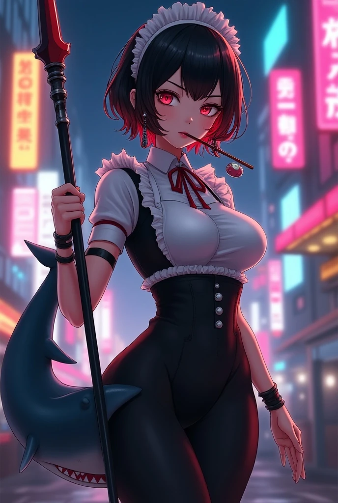 mixed_artwork style, 1 girl, standing alone, hands, Asian, Spy outfit, futuristic, weapons, skull makeup, Sinister, short black hair with red highlights, red eyes, Photography,