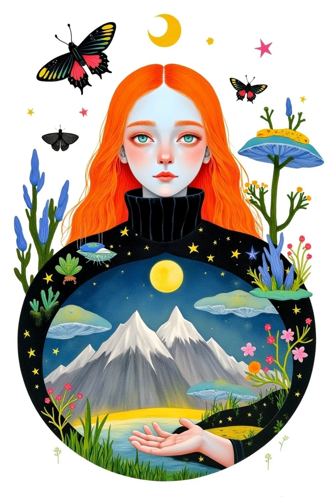 one girl,aqua eyes,artist name,butterfly,orange eyes,bug,butterfly,circle,crescent mountain,earth,gold,long hair,looking at viewer,compensate,moon,orange hair,planet,simple background ,solo,stars,symbol,upper body , white background