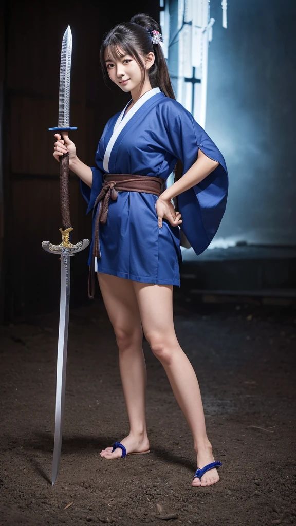Wavy brown haired woman holding a sword and a wedding ring wearing a blue robe with white ruffles with a hood on her head,  pele clara,cenario totalmente preto aurea clara corpo inteiro, feiticeira, peitos de fora