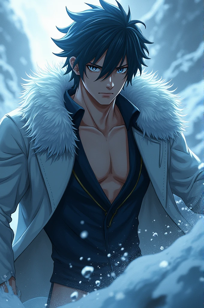 absurdres, highres, ultra detailed, HDR, master piece, best quality, extremely detailed, Chrollo Lucilfer, black hair, expressive brown eyes, Hunter x Hunter, solo, sexy man, handsome, sensual, manly man, horny, black coat with high fur collar, without shirt, blue earrings, cross tattoo on the forehead, fantasy, magical, blue moon, blue flowers, blue butterflies, blue petals, blossoms, water