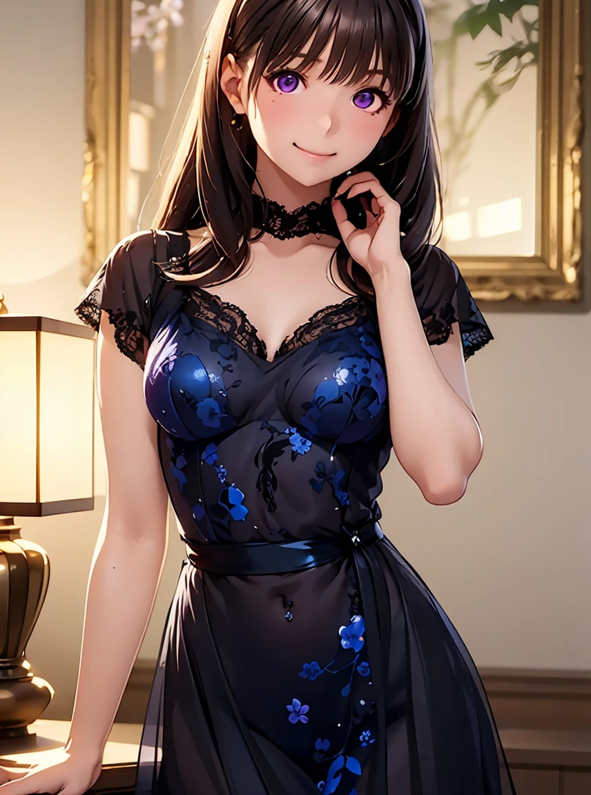 masutepiece,Best Quality,High resolution,Fine details,Solo,Adult Woman,blush,Curve,Large breasts,(Wet white cheongsam、gorgeous embroidery),itting open legs、Before sex、Kamimei、Luxury hotel beds、Dark brown longhair、waved hair、Shy laughter、Stockings、Puffy hips、Puffy nipple、lyin in bed、Sexy blue lace panties、itting open legs、Blue lace bra