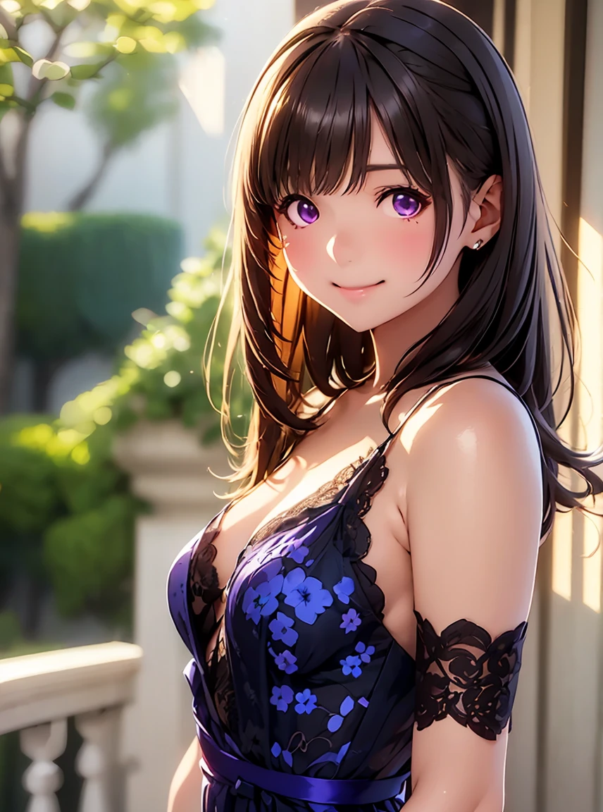  High Resolution ,In 8K,Best Quality,detailed,Semi-realistic anime,3D anime style,Smooth anime CG,One Girl,19 year old Japanese woman,slim,Modeling, ((Semi Long Cheek Hair )), Beautiful brown hair,detailedな顔,Beautiful and detailed,Glowing Skin,(( deep blue-purple glowing eyes)),(Small breasts),(((Shut your mouth.))),(Smile),((( Black Floral Lace Chiffon Dress))),( Sheer White Lace Evening Gloves )