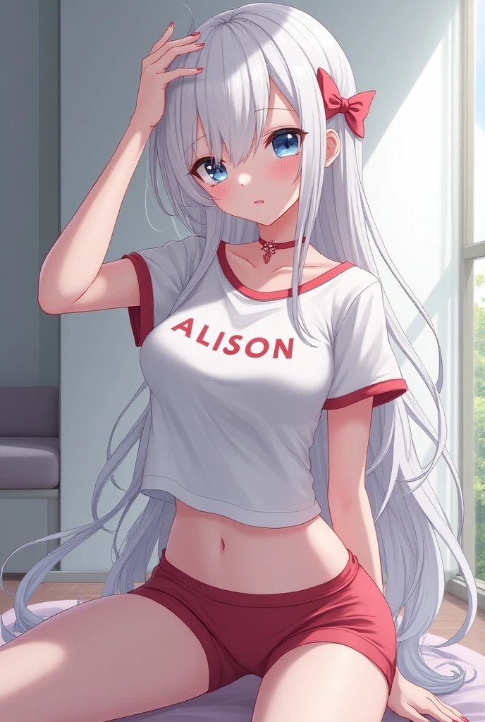 1girl, cat ears, cat tail, only in t-shirt, white t-shirt, without pants, green eyes, kinako, osakana, little girl, skinny girl, sitting at a desk, loose hair, panties, white panties, SFW, ((Only one tail)), butt blush, school class background