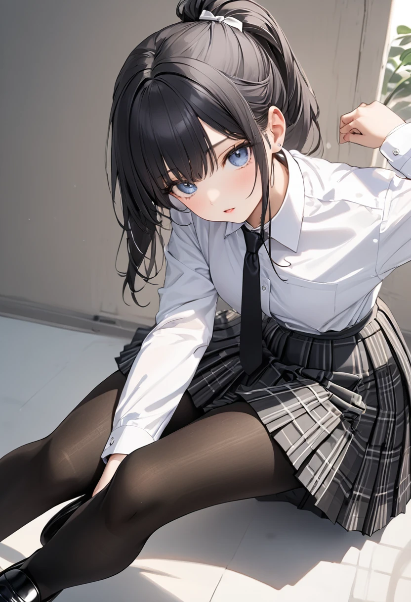 (The whole body from head to toe)、(Full Body)、(No shoes)、(blackpantyhoseの内側に白いパンティ)、(blackストッキングの内側に白いパンティ)、(Panty shot)、(Sitting with legs together)、(Sit with your knees bent and your legs apart)、(M-shaped legs)、Brown Hair、Long Hair、bangs、Highest quality、High resolution、8k wallpaper、(figure:0.8)、(Beautiful attention to detail:1.6)、(Highly detailed face)、Perfect lighting、Highly detailed CG、Perfect hands、Perfect Anatomy、Thin legs、(Small Tits)、Sitting on the floor、Sleep on your back、Spread your legs、Look forward、Configuration from below、Positive、Turn your lower body forward、In 8K、Highest quality、The real picture、Intricate details、Ultra-detailed、超High resolution、Depth Field、(Photorealistic、Realistic:1.2),masterpiece, 0.25 :: Front shot、From the center、One Girl、Very beautiful 17 year old girl、See the face and feel、Big eyes、Sexy pose、Fascinating、Perfect Skin、(Small breasts)、Narrow waist、Light blush、solo、Looking at the audience、Five perfect fingers、Small toes、sweating、 wear((School_uniform)、White shirt、Collared shirt、Pleated dress、Grey Dress、(black_pantyhose:1.2)、 blackストッキング、blackpantyhose、(Sculpture Pose:1.1)、 Showing her white panties、Panty shot、Spread your legs、Open legs、Wide-open legs、bedroom 、On the bed
