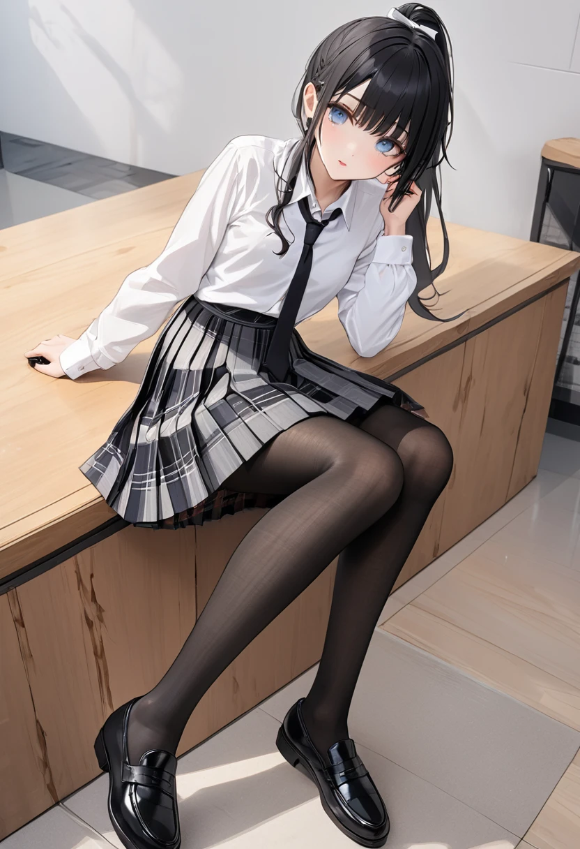Top quality, masterpiece, High resolution, (Head to toe full body), front, frontやや下からの構図, Symmetric, Tall 18 year old girl, alone, (Head to toe), (Small breasts), Unkempt brown hair, bangs, (black tights), (Black Pantyhose), (Sit with your legs apart), (Crouching pose), (A composition showing white panties), (Her legs were spread、I see your white pants.), (I was made to sit on the floor with my legs spread..), (M-shaped legs), Thin legs, A very beautiful and tall 18 year old girl, (No shoes), blush, Shy big eyes, looking at the camera, Blazer Uniform, Checkered Pleated Skirt