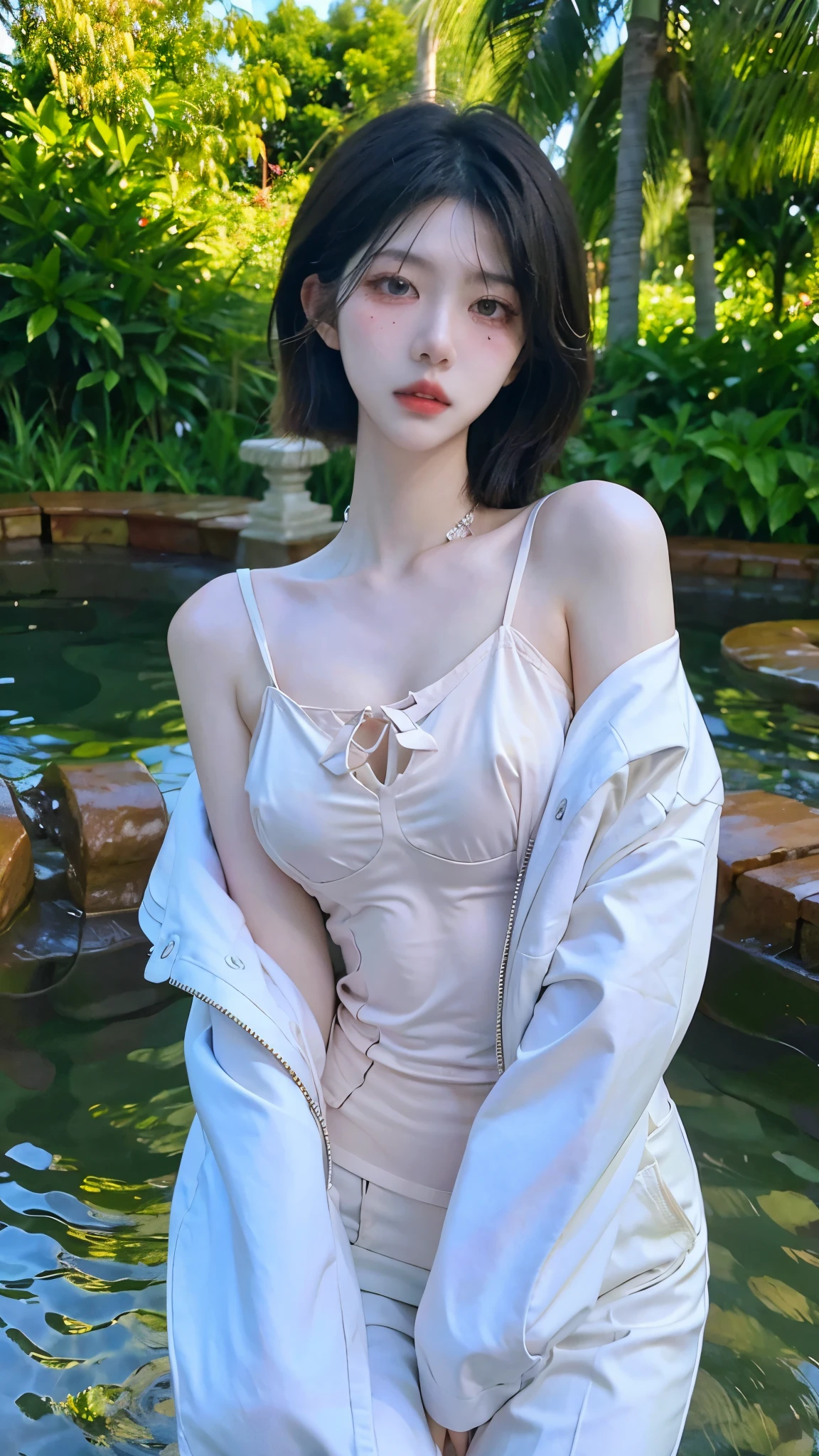 Beautiful woman with perfect figure:1.4，snow，Touching butt with both hands，snow background，Layered Hairstyle，White skin，Prominent cleavage，Pleated Skirt，whole body，Very delicate face and skin texture，Double eyelids，Skin Whitening，Long white hair