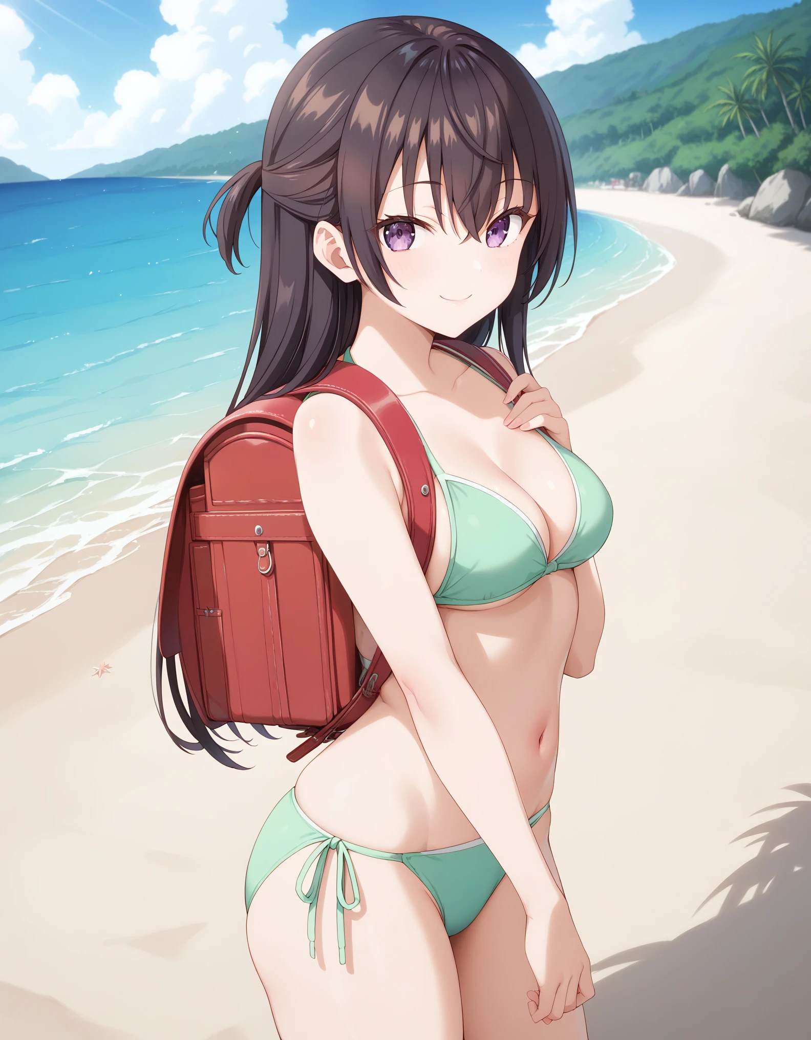 Masterpiece, hd, best quality, 1girl, yukisuou, long hair, bangs, brown hair, black hair, hair between eyes, purple eyes, half updo , medium breasts, wearing green bikini, beach outfit, standing, outdoor, beach, looking at viewer, undefined, alone, cowboy shot, wearing randoseru backpack, red backpack, smile