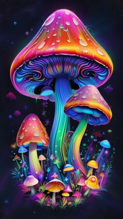 Close-up of Mushrooms with sky background, psychedelic muMushrooms dream, psychedelic muMushrooms, neon muMushrooms, , Fantastic Mushrooms, magic muMushrooms, fluorescent muMushrooms, glowing muMushrooms, Mushrooms, colorful muMushrooms, trippy art, muMushrooms milky way, muMushrooms, Psychedelic Illustrations, Poster from black, bright velvet, , Just ding, trippy art style, psychedelic glowing colors