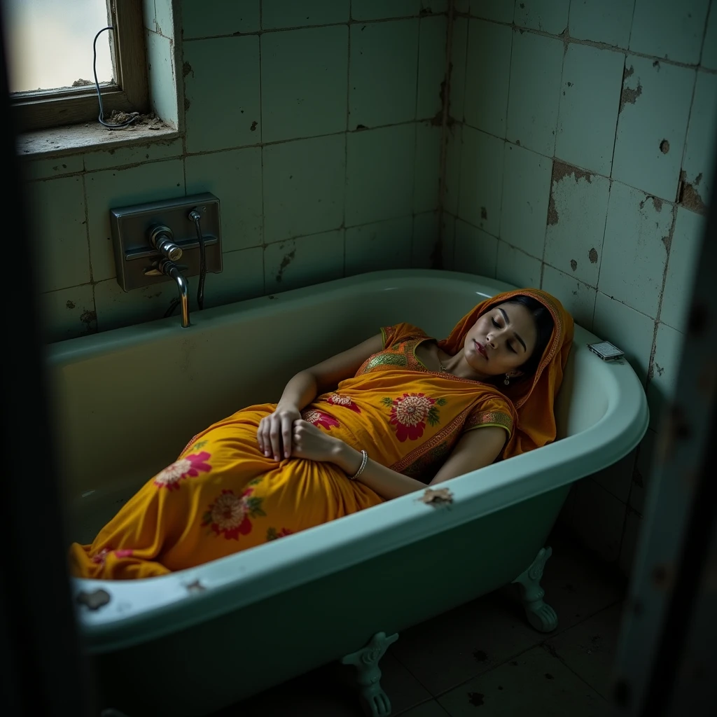 A disaster full of evil miasma and cursed and emitting a strong grudge々Old Altar、Old bathroom walls with dirty, peeling tiles and cracks、Contaminated and cloudy turbid currents flowing on the floor littered with rotting dead aquatic creatures, food waste, feces, vomit, and rotting seafood、Fat Japan woman in her 20s vomiting rotten milk with her mouth wide open with an expression of anguish on her face