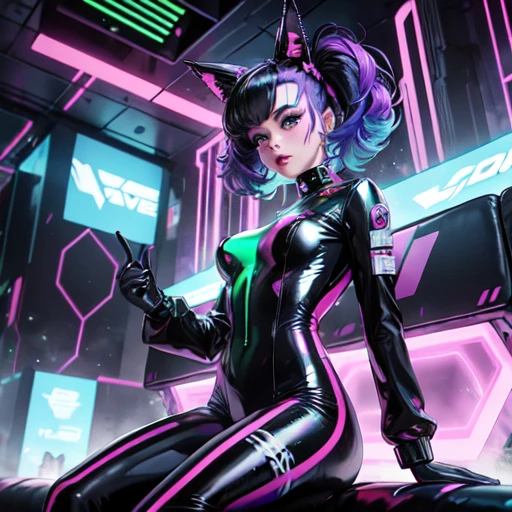 araffe in a black latex suit sitting on a colorful cube, inspired by David LaChapelle, glitchpunk girl, cyber universe style, cyberpunk glossy latex suit, alice in wonderland cyberpunk, futuristic glossy latex suit, bold rave outfit, in cyberpunk style, neon light and fantasy, doja cat, 8 0's airbrush aesthetic, cyber punk setting