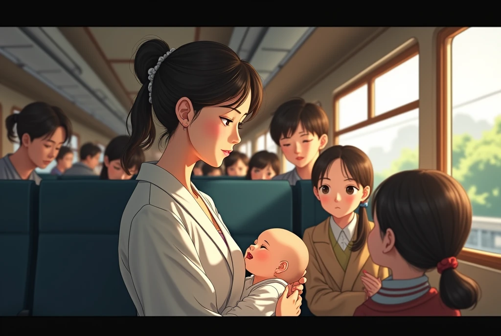 Japanese mother and baby crying on bus