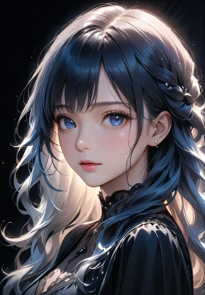 a beautiful girl with long curly blue hair, detailed face features, piercing blue eyes, a small nose and delicate pink lips, wearing a black satin dress, set against a dark moody background, (best quality,4k,8k,highres,masterpiece:1.2),ultra-detailed,(realistic,photorealistic,photo-realistic:1.37),cinematic lighting,moody atmosphere,dramatic shadows,highly detailed portrait,elegant,serene expression,chiaroscuro