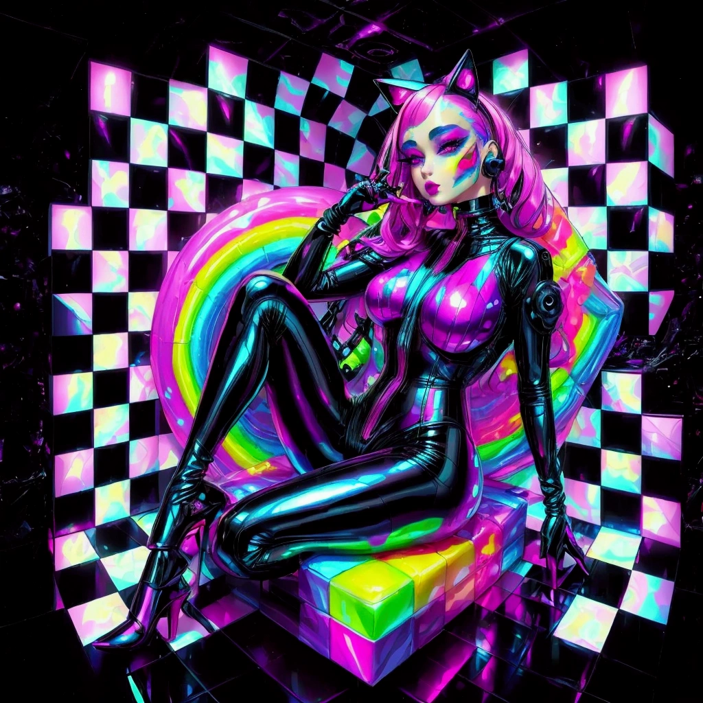 araffe in a black latex suit sitting on a colorful cube, inspired by David LaChapelle, glitchpunk girl, cyber universe style, cyberpunk glossy latex suit, alice in wonderland cyberpunk, futuristic glossy latex suit, bold rave outfit, in cyberpunk style, neon light and fantasy, doja cat, 8 0's airbrush aesthetic, cyber punk setting