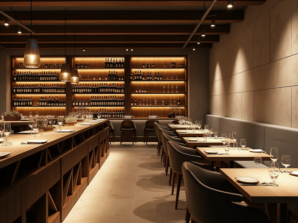  contemporary restaurant with cement board walls, wine cellar, indirect lights , intimate atmosphere 