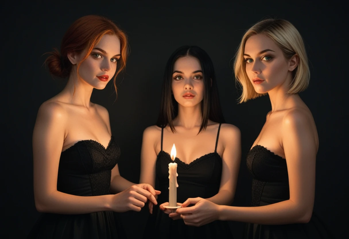 Horror Scene, In the style of a pulp paperback painting, spooky atmosphere BREAK 3women BREAK one redhead, one blonde, one black hair, BREAK sexy women, twenty years old, (evil) seductive BREAK wearing low-cut dresses, one green, one black, one purple, BREAK holding large black candles, lit only by candles, against a black background