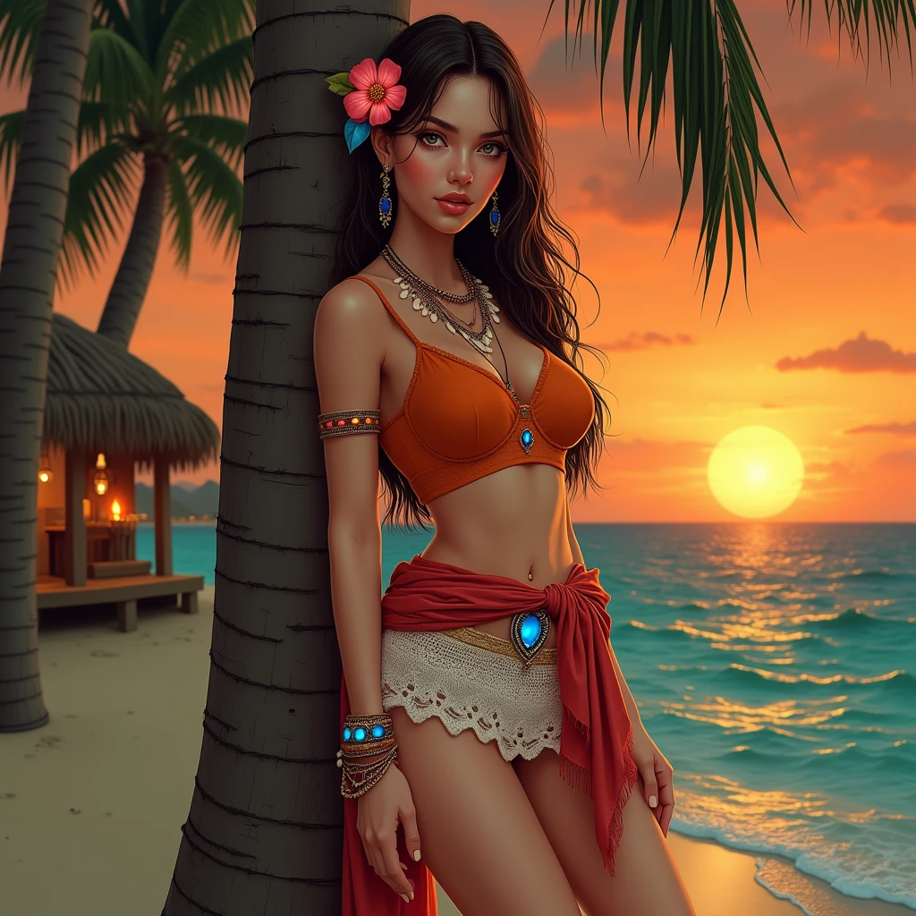 ultra realistic 8k cg, masterpiece, ((ultra detailed background, delicate pattern, intricate detail, highly detailed, fine details best quality, hyperdetailed face)), (photorealistic:1.4),beautiful lighting, absurdres, RAW photo, film grain, Azula, 1girl, solo, black hair, brown eyes, makeup, lipstick, red lips, single hair bun, ((medium breasts, slim girl)), ((bikini, red swimsuit, cloth around waist, covered lower body)), ((complex detailed background, beach, sand, ocean, outside, palm tree, dawn, moody lighting, warm lighting, dim lighting, bonfire, night sky)), ((cowboy shot)),  <lora:Azula:0.6>