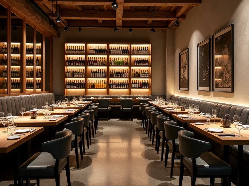  rustic contemporary restaurant with cement board walls, indirect lights , intimate atmosphere, classic style wine display shelves 