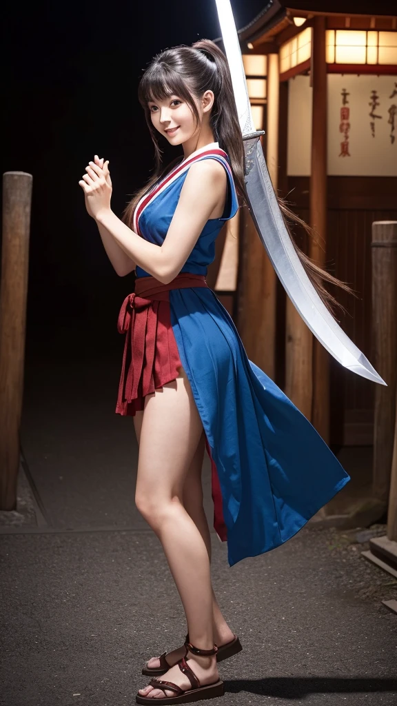 shiranui mai, brown eyes, long hair, brown hair, white ribbon, sleeveless, ponytail, sash, pelvic curtain, arm guards, gloves, tabi, seductive expression, sexy eyes, medium breasts, smile, cute, looking at viewer, long hair, near a Japan temple, (breast focus:1.2), (realistic:1.2), (full body: 1.2), (realism), (masterpiece:1.2), (best quality), (ultra detailed), (8k, 4k, intricate), (85mm), light particles, lighting, (highly detailed:1.2), (detailed face:1.2), (gradients), sfw, colorful, (detailed eyes:1.2), (detailed Japan temples: 1.2),(detailed background), (dynamic angle:1.2), (dynamic pose:1.2), (Line of action:1.2), wide shot, daylight, solo.