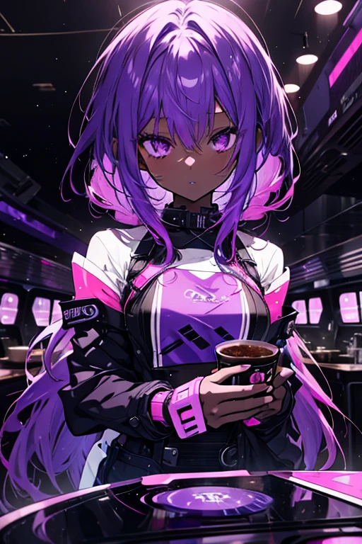 Futuristic Girl,9 years old,,Cute smile,Purple eyes, space, Purple Hair, Blue Hair, Pink Hair, Long Hair, Futuristic popular coffee shop,Cat ears of the future,Topless, normal breasts, beautiful breasts, topless, beautiful breasts, normal breasts、Futuristic Panties,Daily life,Anal beads