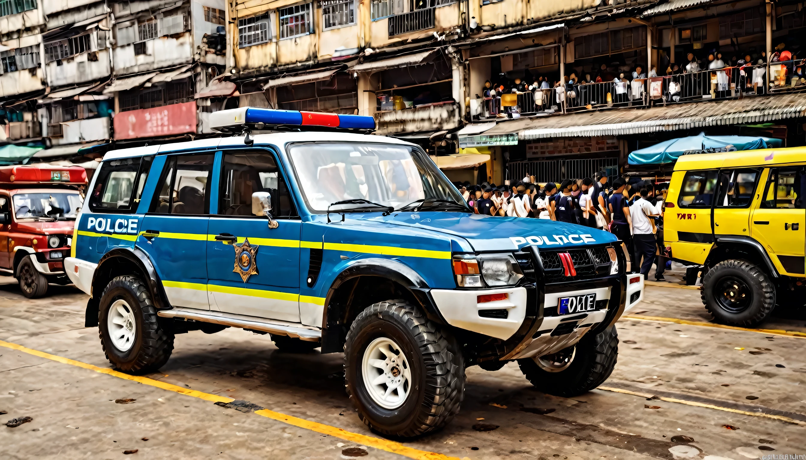 Realistic,Ultra-realism, car ,1 car ,enterprise:Mitsubishi,Models:Pajero , body style and exterior:SUV,Four-wheel drive ,or-trucks,Manufactured in 1982,Economic growth period , is located in Hong Kong ,Vegetable section, morning market , body color :Police,must:three-diamonds, exhaust cylinder is an amphibious model, side muffler, British colonial era , dish wheel ,Tetsuchin ,Hong Kong Police,A splendid arrest drama