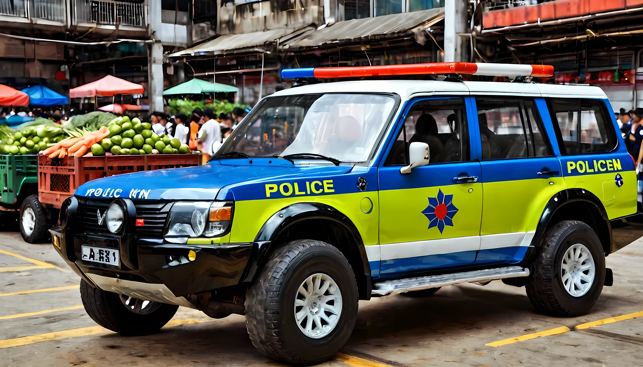 Realistic,Ultra-realism, car ,1 car ,enterprise:Mitsubishi,Models:Pajero , body style and exterior:SUV,Four-wheel drive ,or-trucks,Manufactured in 1982,Economic growth period , is located in Hong Kong ,Vegetable section, morning market , body color :Police,must:three-diamonds, exhaust cylinder is an amphibious model, side muffler, British colonial era , dish wheel ,Tetsuchin ,Hong Kong Police,A splendid arrest drama