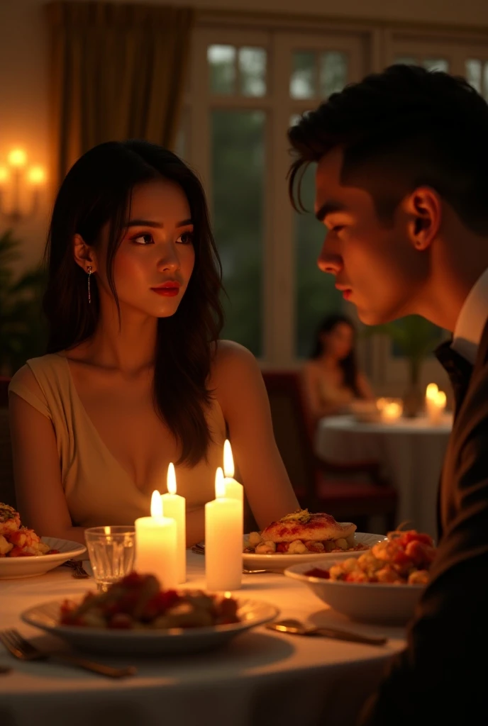 Romantic candlelit dinner,Husband and wife sit opposite each other,Goblets taste exquisite food,The table was full of plates and cutlery,Soft lighting illuminates the entire dining table,The atmosphere is romantic and warm。