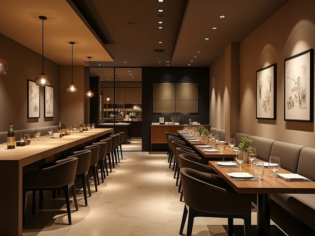  modern chic restaurant, with walls , indirect lights , intimate atmosphere, 