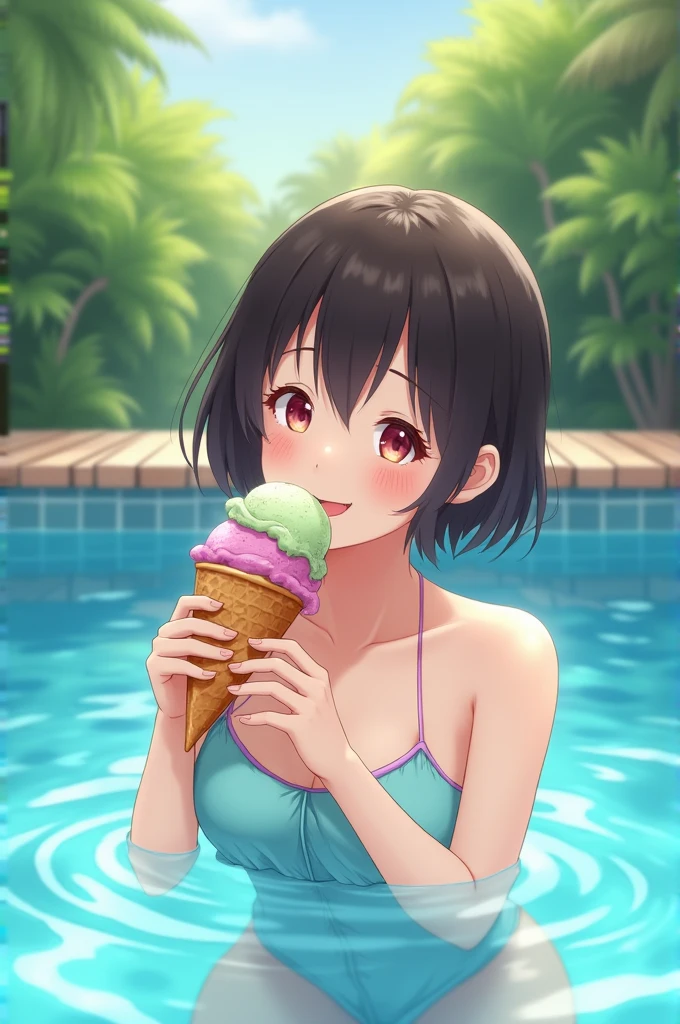 alone, One girl、Crown braids in the same color as your hair, hair ornaments, Hair Ribbon, (White and pink bikini),Red Eyes、Black Hair、(Eating very delicious shaved ice:1.2)、(blush:1.4)、C cup breasts、Poolside