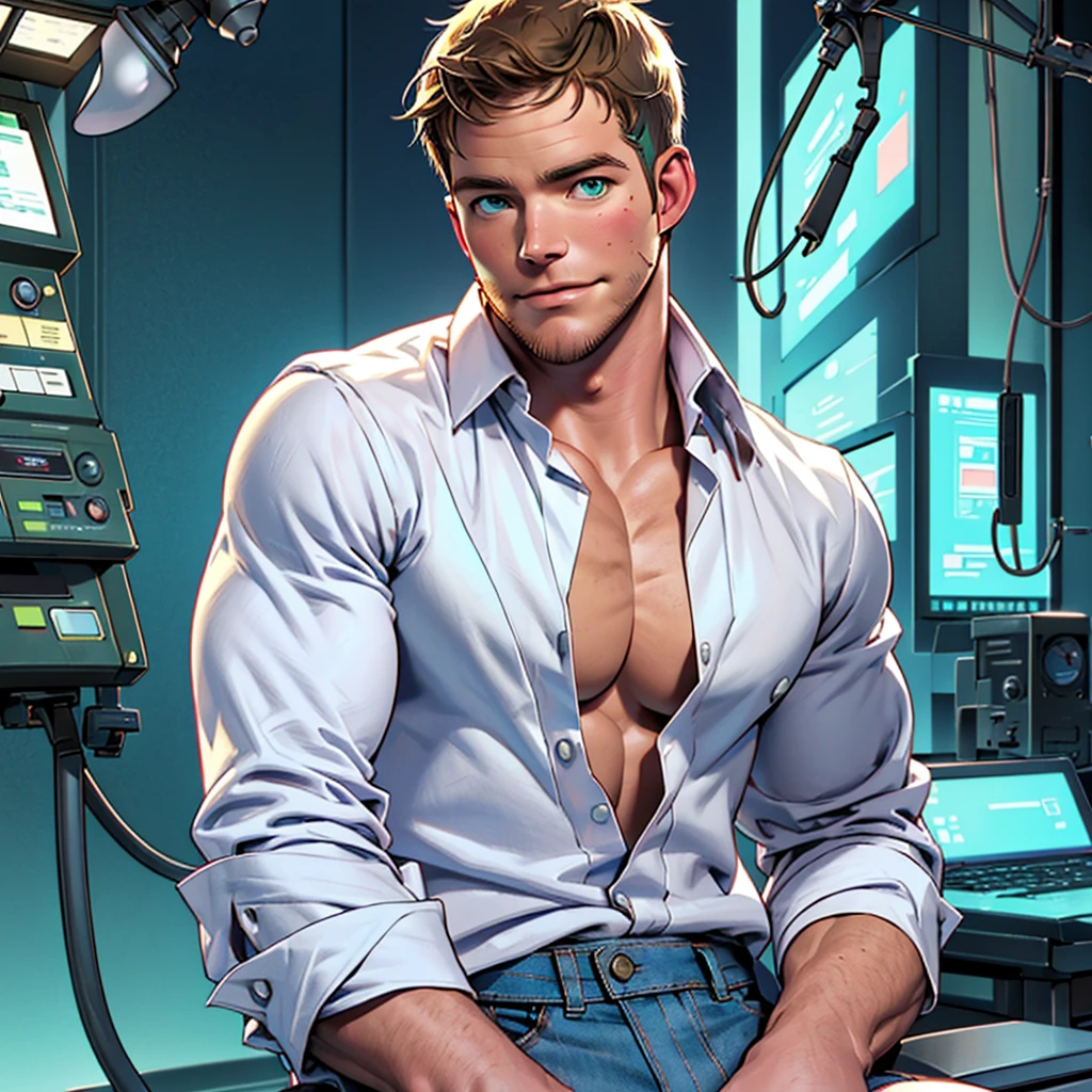 NSFW, SOLO MAN , clinic ambiance and background、detailed face , detailed body part , detailed hands , detailed fingers, A handsome tall man (((Stephen AMELL))) ,He is 40 years old,Thin waist,The pectoral muscles are well developed, He is 175cm tall,Weight 62 kg、blue-green eyes、brown hair color、short hair, wearing vintage jeans showing a nice COCK, shirtless showing nipples and pectoral muscles , sitting on the exam table , and (((the doctor CHRIS PRATT wearing a white blouse ))) checking on his COCK , looking at the viewer ,Smiling , background clinic for men HEALTH