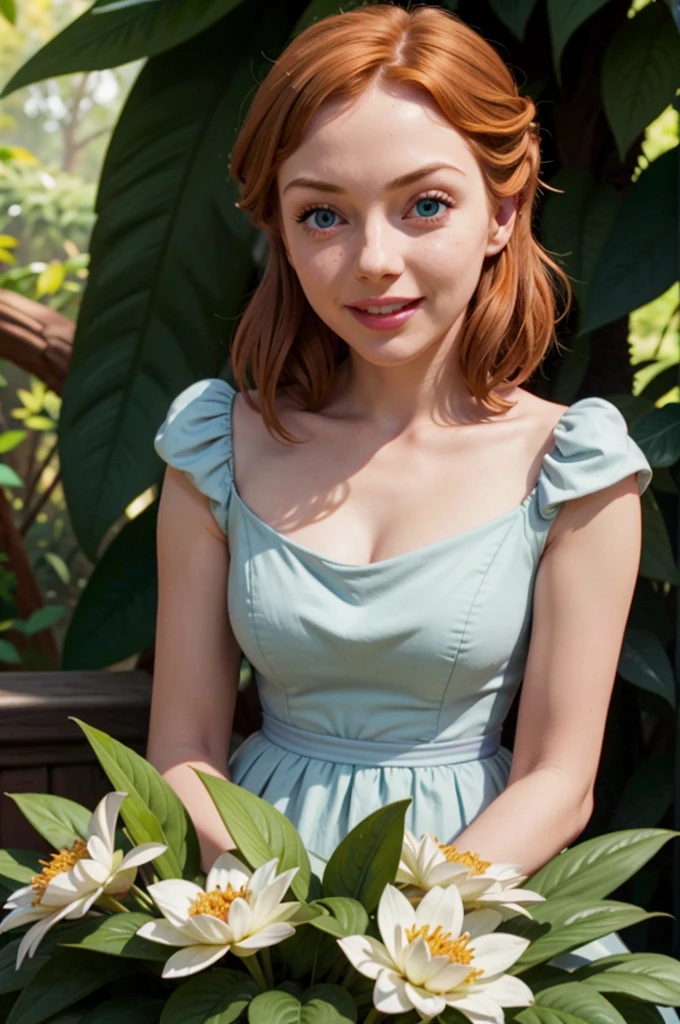 1girl, detailed, ultra realistic, high details, cozy atmosphere, elegant, smiling, redhead, in a garden, UHD, blue eyes, detailed skin, beautiful detailed eyes, beautiful detailed lips, extremely detailed face, long eyelashes, photo-realistic, masterpiece, vivid colors, studio lighting, physically-based rendering