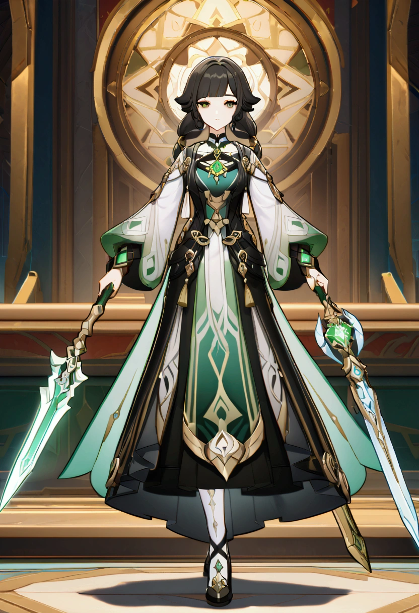 Genshin Impact Character: Woman of height 1,55 weighing 53kg ,  long black hair tied in high pigtails with messy bangs ,  eyes as green as emeralds and skin as light as light beige ,  nails painted red and gold with a cryo vision hanging in their left ponytail carrying a spear similar to a sickle,  a long wavy skirt with black clothes ,  white and touches of green .  Their clothes are similar in style to the characters of Sumeru .